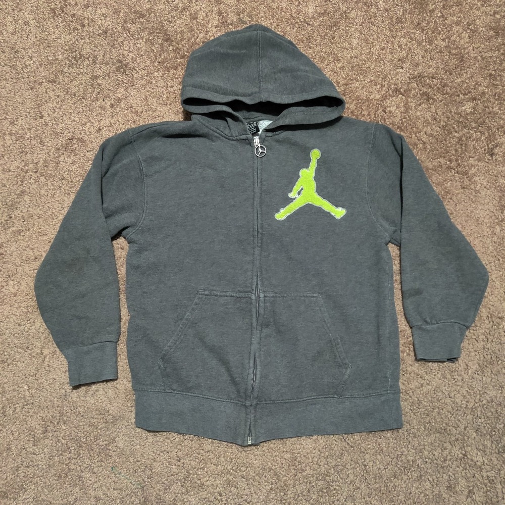Nike Jordan Jacket Boys Kids Size Medium Gray Green Full Zip Hoodie Sweatshirt